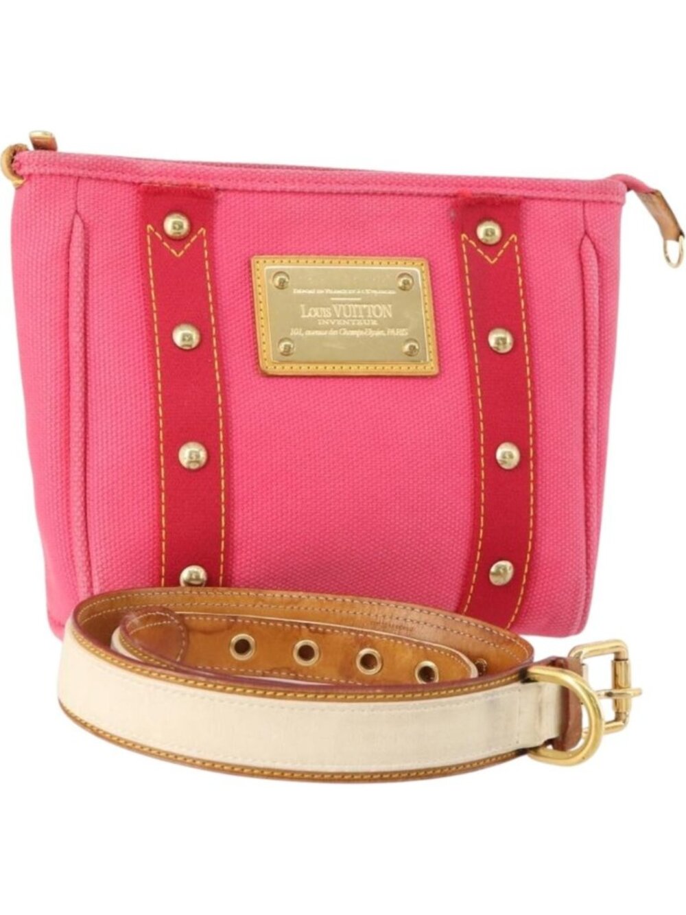 LOUIS VUITTON Belt Canvas Leather 2 Set Pink Beige